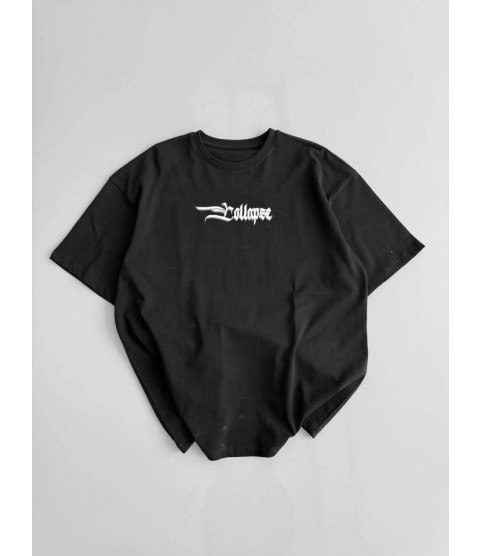 Baskılı Oversize Bisiklet Yaka T-shirt - Siyah
