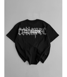 Baskılı Oversize Bisiklet Yaka T-shirt - Siyah