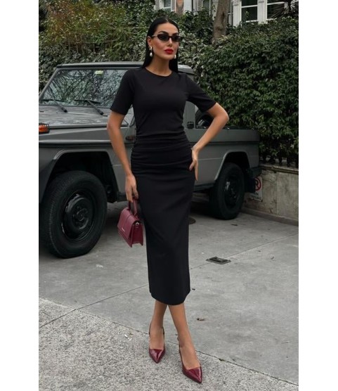 Beli Büzgülü Midi Elbise 2853