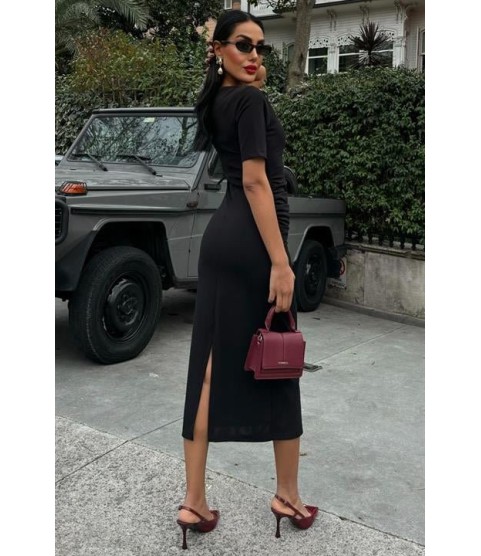 Beli Büzgülü Midi Elbise 2853