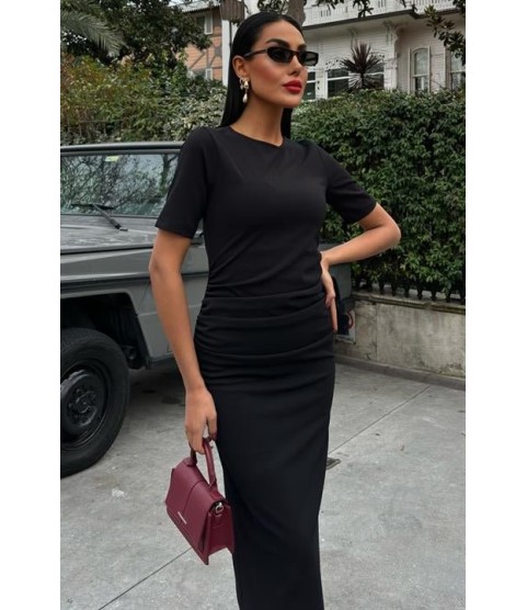 Beli Büzgülü Midi Elbise 2853