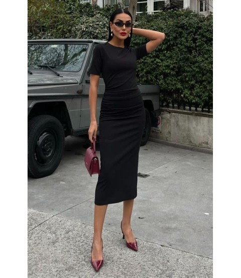 Beli Büzgülü Midi Elbise 2853