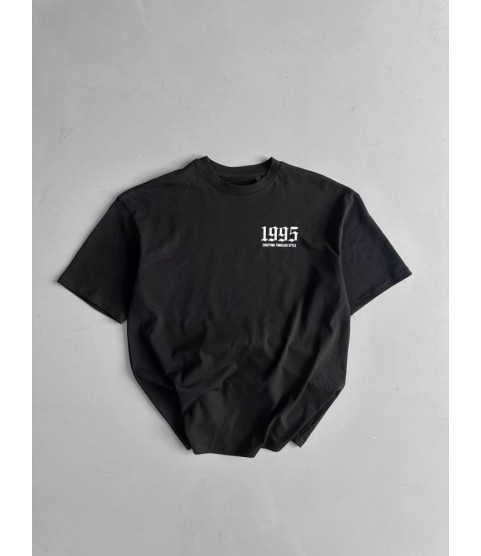 Baskılı Oversize Bisiklet Yaka T-shirt - Siyah