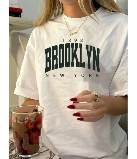 Baskılı Oversize Bisiklet Yaka T-shirt - Beyaz