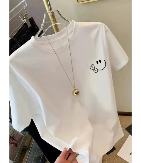 Baskılı Oversize Bisiklet Yaka T-shirt - Beyaz