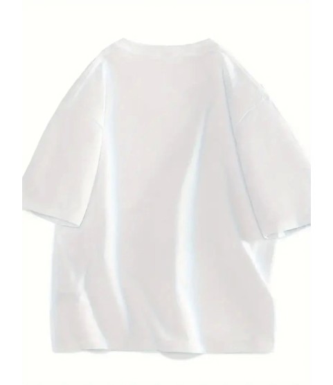 Baskılı Oversize Bisiklet Yaka T-shirt - Beyaz