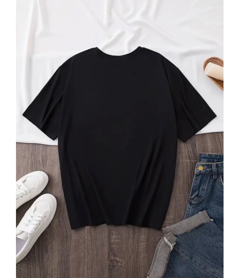 Baskılı Oversize Bisiklet Yaka T-shirt - Siyah