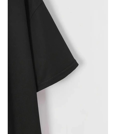 Baskılı Oversize Bisiklet Yaka T-shirt - Siyah