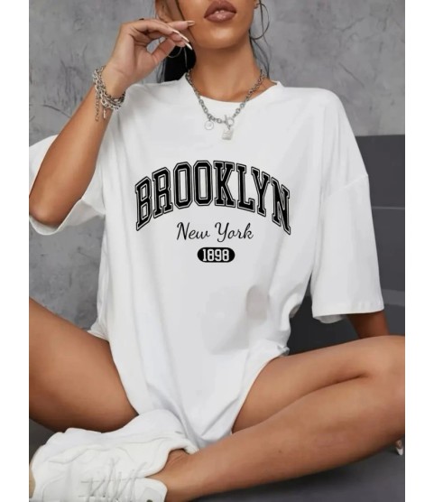 Baskılı Oversize Bisiklet Yaka T-shirt - Beyaz