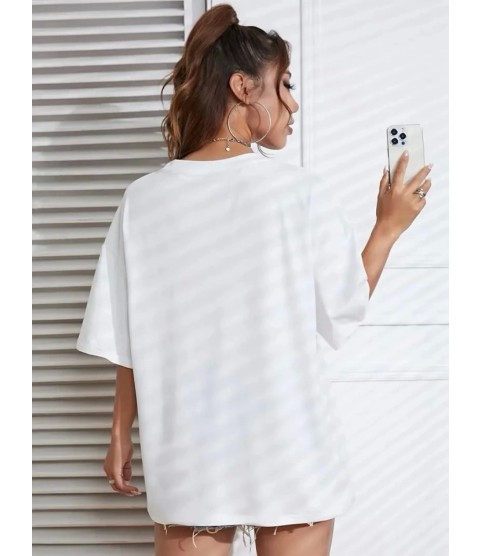 Baskılı Oversize Bisiklet Yaka T-shirt - Beyaz