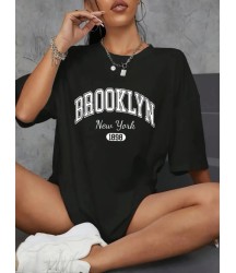 Baskılı Oversize Bisiklet Yaka T-shirt - Siyah
