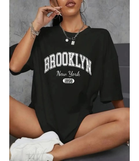 Baskılı Oversize Bisiklet Yaka T-shirt - Siyah