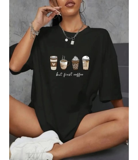 Baskılı Oversize Bisiklet Yaka T-shirt - Siyah