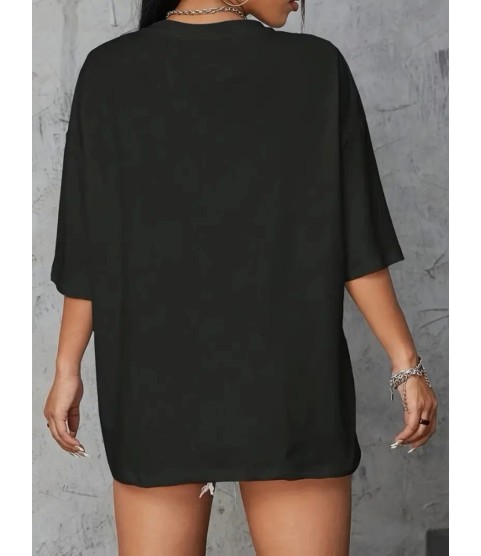 Baskılı Oversize Bisiklet Yaka T-shirt - Siyah