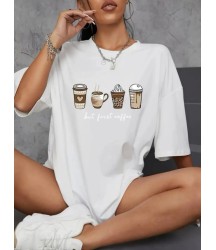 Baskılı Oversize Bisiklet Yaka T-shirt - Beyaz