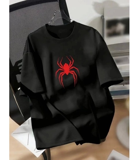 Baskılı Oversize Bisiklet Yaka T-shirt - Siyah