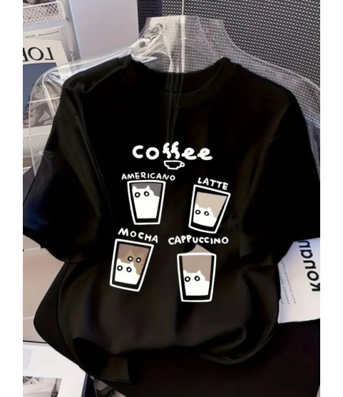 Baskılı Oversize Bisiklet Yaka T-shirt - Siyah