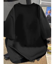 Baskılı Oversize Bisiklet Yaka T-shirt - Siyah