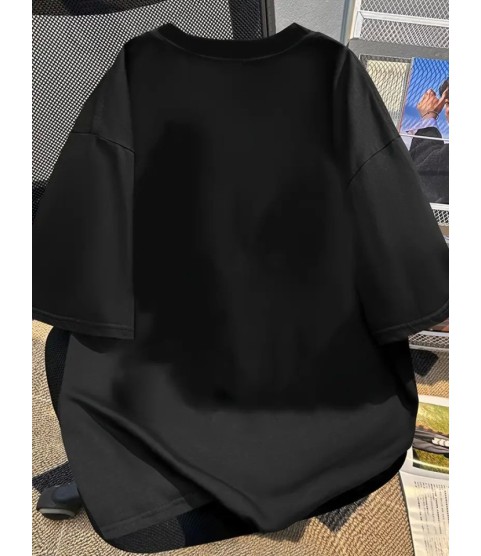 Baskılı Oversize Bisiklet Yaka T-shirt - Siyah
