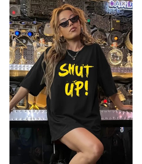 Baskılı Oversize Bisiklet Yaka T-shirt - Siyah