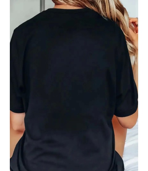 Baskılı Oversize Bisiklet Yaka T-shirt - Siyah