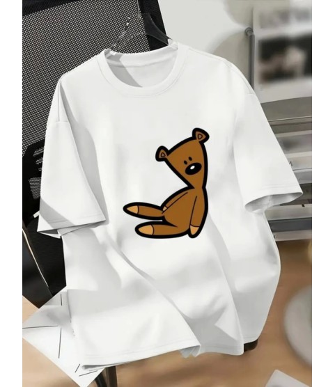 Baskılı Oversize Bisiklet Yaka T-shirt - Beyaz