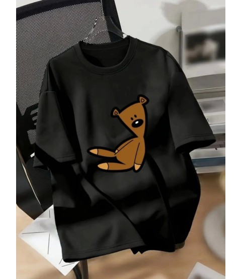 Baskılı Oversize Bisiklet Yaka T-shirt - Siyah