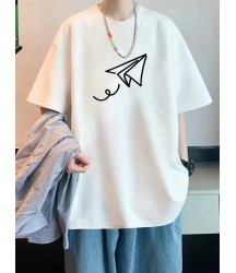 Baskılı Oversize Bisiklet Yaka T-shirt - Beyaz