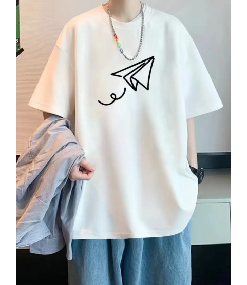 Baskılı Oversize Bisiklet Yaka T-shirt - Beyaz