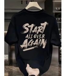 Baskılı Oversize Bisiklet Yaka T-shirt - Siyah
