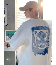 Baskılı Oversize Bisiklet Yaka T-shirt - Beyaz