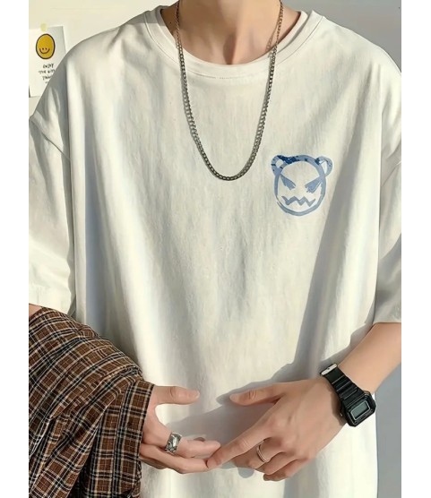 Baskılı Oversize Bisiklet Yaka T-shirt - Beyaz