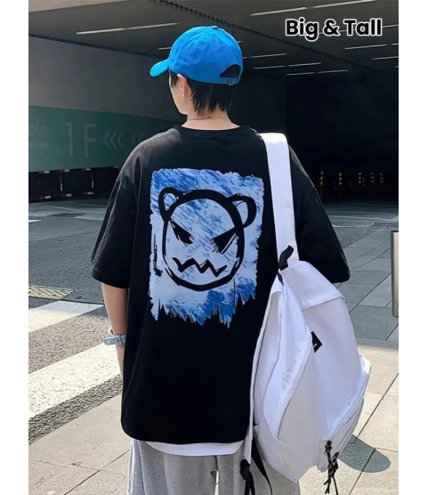 Baskılı Oversize Bisiklet Yaka T-shirt - Siyah
