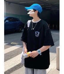 Baskılı Oversize Bisiklet Yaka T-shirt - Siyah