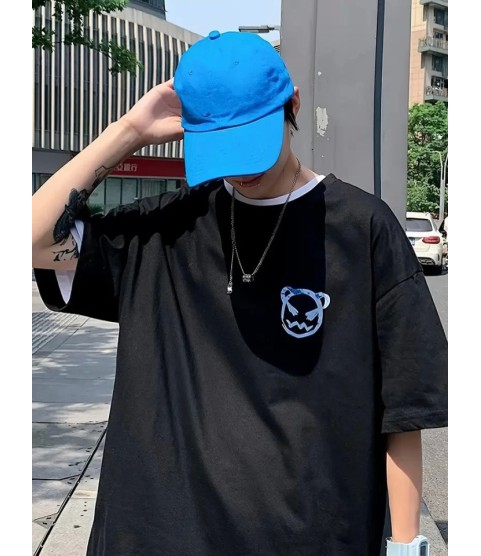 Baskılı Oversize Bisiklet Yaka T-shirt - Siyah