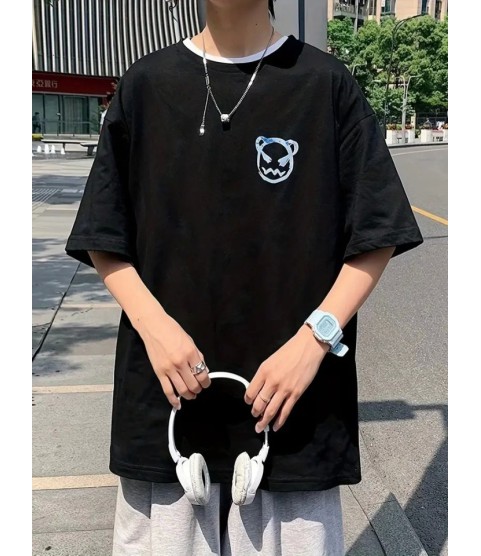 Baskılı Oversize Bisiklet Yaka T-shirt - Siyah