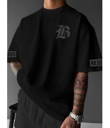 Baskılı Oversize Bisiklet Yaka T-shirt - Siyah