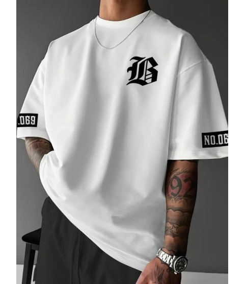 Baskılı Oversize Bisiklet Yaka T-shirt - Beyaz