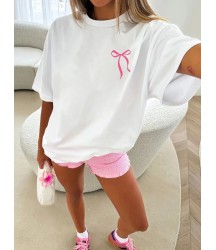 Fiyonk Baskılı Oversize Bisiklet Yaka T-shirt - Beyaz