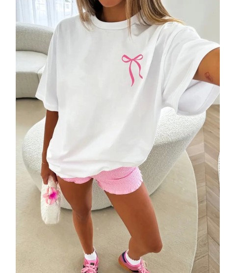 Fiyonk Baskılı Oversize Bisiklet Yaka T-shirt - Beyaz