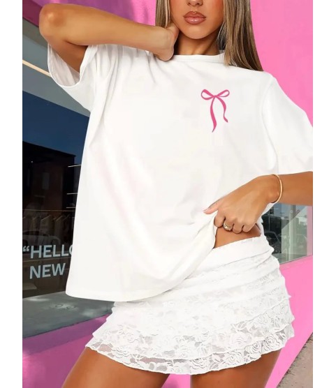 Fiyonk Baskılı Oversize Bisiklet Yaka T-shirt - Beyaz