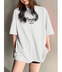 Thousand Baskılı Oversize Bisiklet Yaka T-shirt - Beyaz
