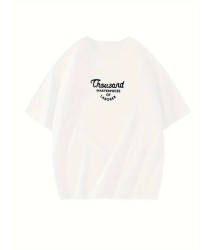 Thousand Baskılı Oversize Bisiklet Yaka T-shirt - Beyaz