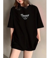 Thousand Baskılı Oversize Bisiklet Yaka T-shirt - Siyah