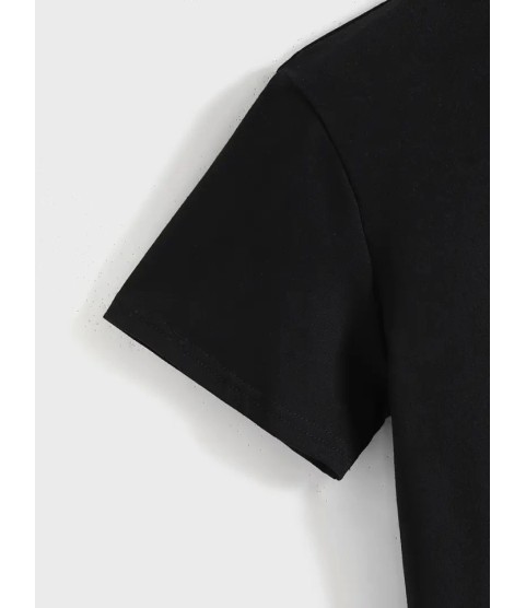Baskılı Oversize Bisiklet Yaka T-shirt - Siyah