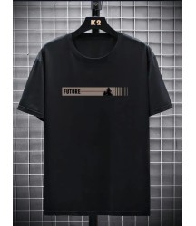 Baskılı Oversize Bisiklet Yaka T-shirt - Siyah
