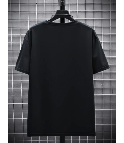 Baskılı Oversize Bisiklet Yaka T-shirt - Siyah