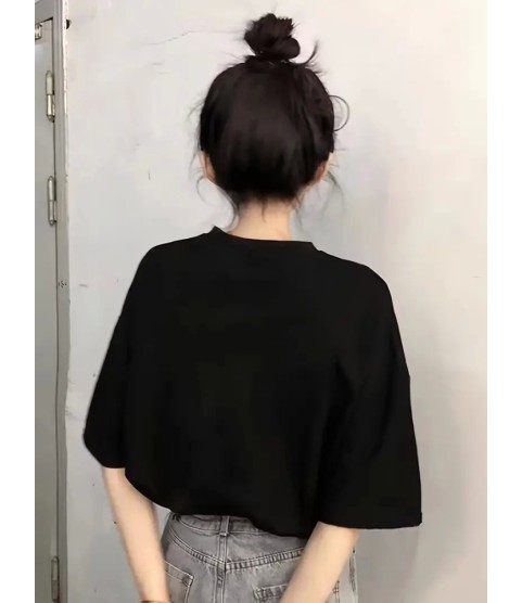 Baskılı Oversize Bisiklet Yaka T-shirt - Siyah