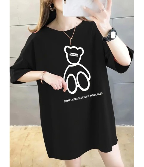 Baskılı Oversize Bisiklet Yaka T-shirt - Siyah