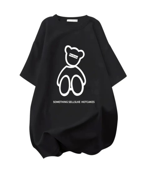 Baskılı Oversize Bisiklet Yaka T-shirt - Siyah